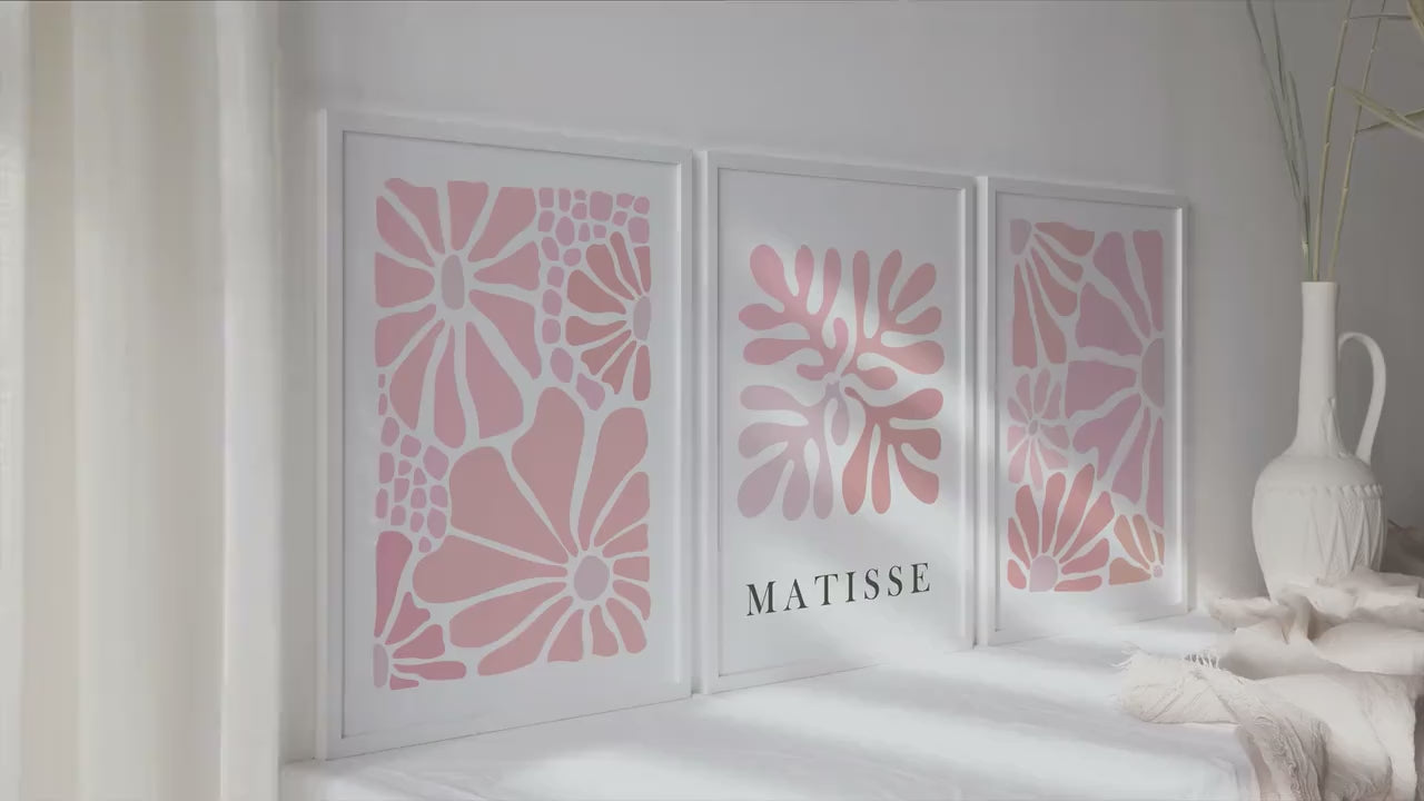 Abstract pink floral Matisse print set of 3. Neutral minimalist mid century gallery wall set, vintage trendy  poster set