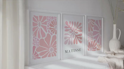 Abstract pink floral Matisse print set of 3. Neutral minimalist mid century gallery wall set, vintage trendy  poster set