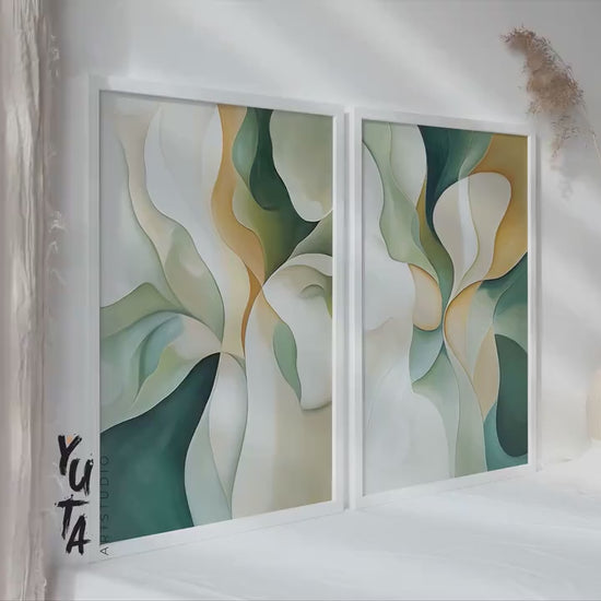 Emerald Green Beige Abstract Wall Art Set of 2 Pieces, Modern Shapes Wall Art, Earth Colors Art, Modern Brush Stroke Abstract Art