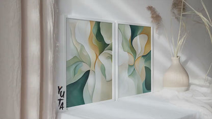 Emerald Green Beige Abstract Wall Art Set of 2 Pieces, Modern Shapes Wall Art, Earth Colors Art, Modern Brush Stroke Abstract Art