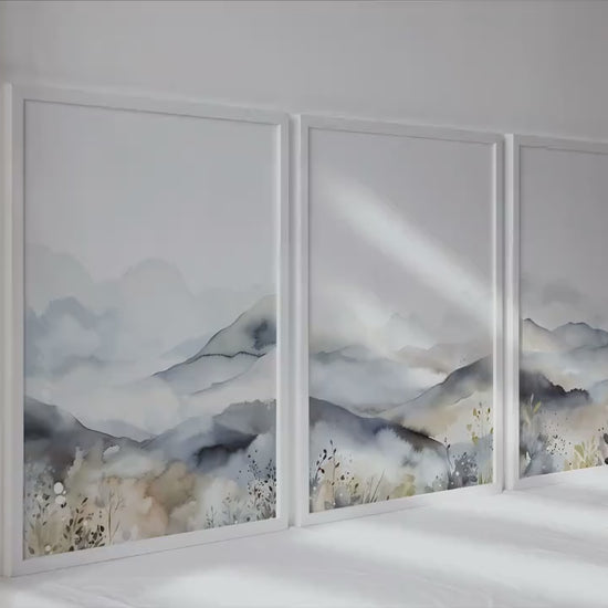 Neutral abstract mountain set of 3 prints. Modern minimalist landscape gallery wall set. Nature nordic abstract print, 3 piece wall art