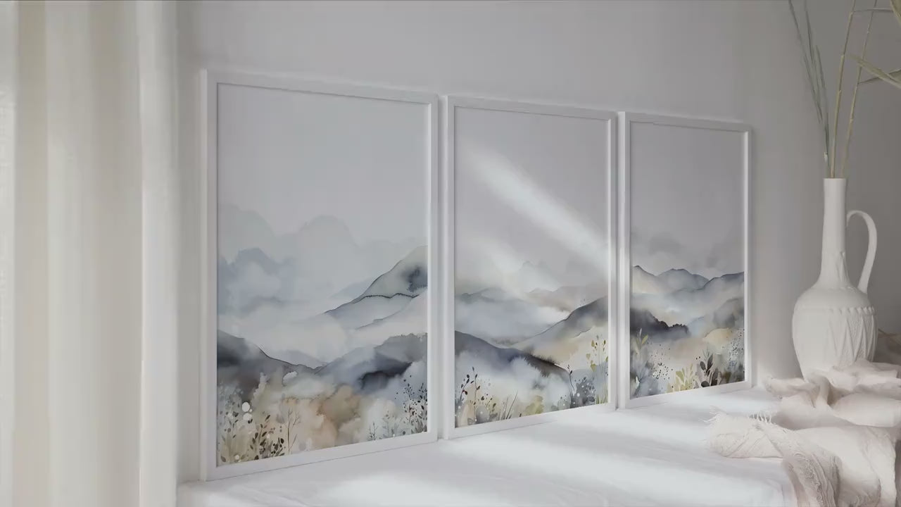 Neutral abstract mountain set of 3 prints. Modern minimalist landscape gallery wall set. Nature nordic abstract print, 3 piece wall art