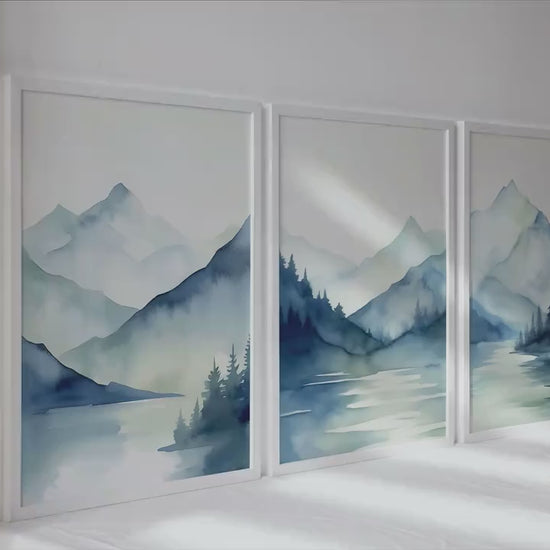 Navy blue mountains set of 3 prints. Modern minimalist mountain landscape gallery wall set.  Nature 3 piece wall art, nordic abstract print