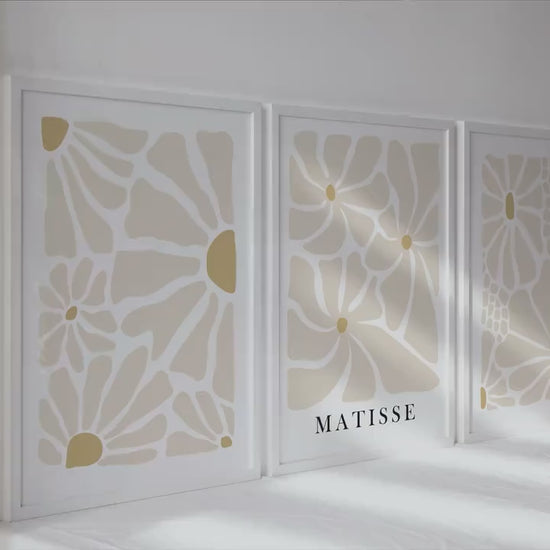 Neutral beige Matisse flower set of 3 print. Light naturals minimalist mid century gallery wall set, vintage trendy bedroom wall art prints