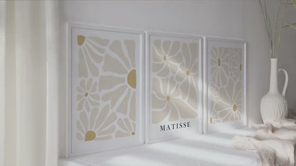 Neutral beige Matisse flower set of 3 print. Light naturals minimalist mid century gallery wall set, vintage trendy bedroom wall art prints