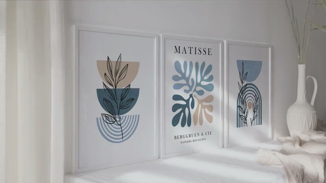 Set of 3 Matisse wall art. Mid century modern neutral above bed art. Trendy botanical print, large gallery wall set for living room, bedroom