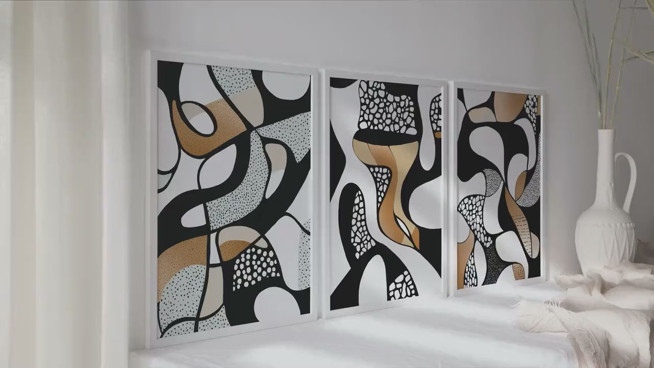 Abstract Wall Art Set of 3 Pieces. Original Art Set, Geometric Wall Art Prints, Nordic Black White Beige Minimalist Art, Organic Shapes Art