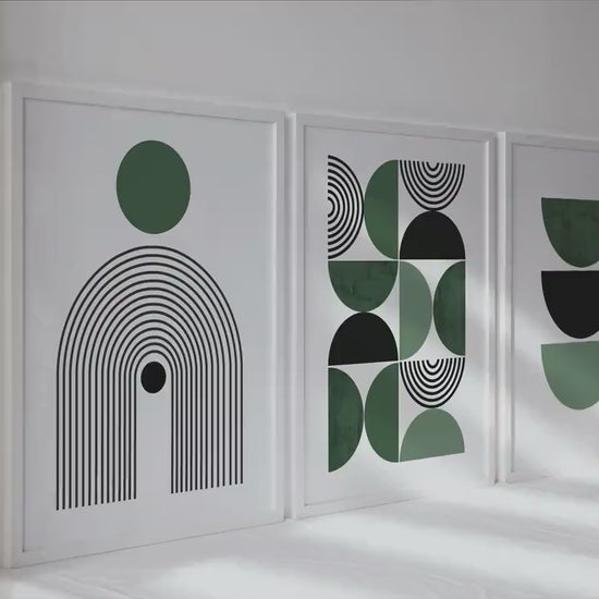 Set of 3 Mid Century Modern Art Prints. Bauhaus Poster 3 piece wall art for Living Room or Bedroom, GEometric Green Triptych Artwork