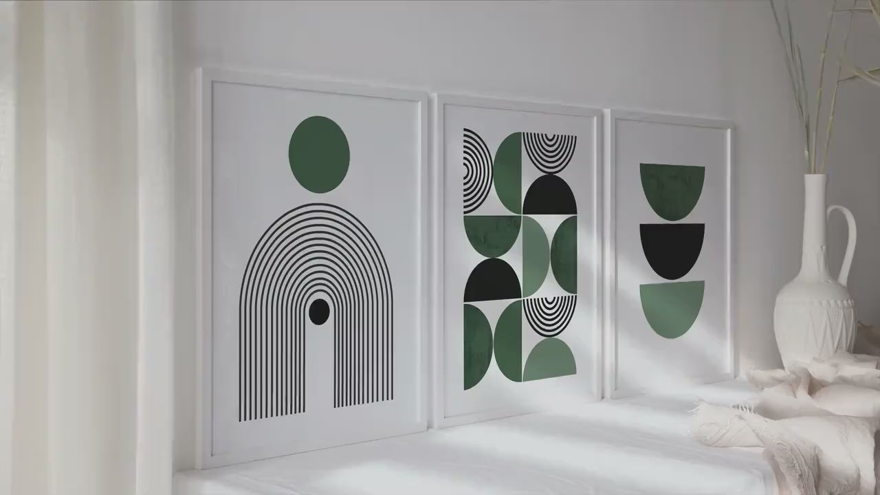 Set of 3 Mid Century Modern Art Prints. Bauhaus Poster 3 piece wall art for Living Room or Bedroom, GEometric Green Triptych Artwork