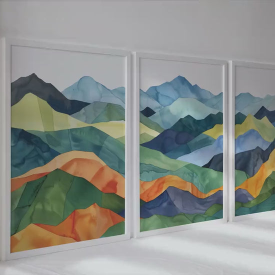 Colorful mountains wall art set of 3 prints, Mid century modern large wall art prints, abstract painting, aesthetic room decor