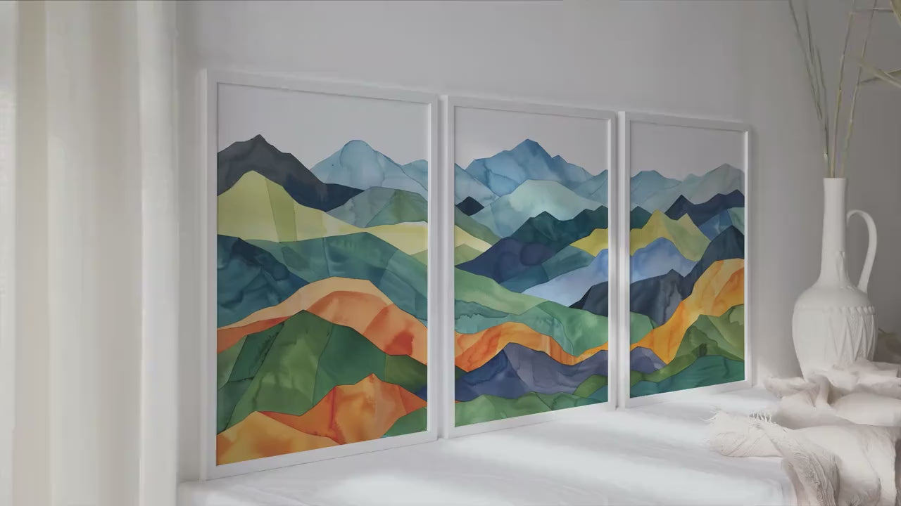 Colorful mountains wall art set of 3 prints, Mid century modern large wall art prints, abstract painting, aesthetic room decor