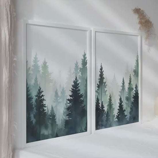 Vibrant mountain pine trees  set of 2 prints. Colorful abstract forest print. Scandinavian wall art, nordic landscape above bad decor