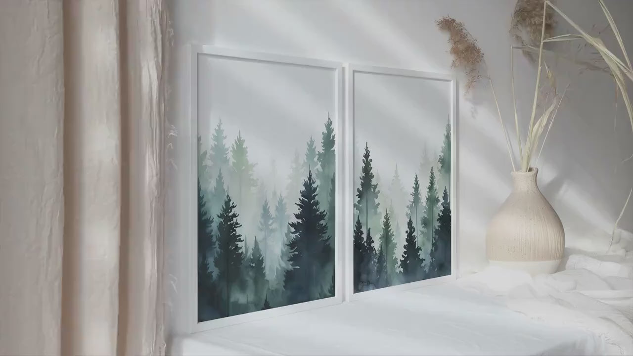 Vibrant mountain pine trees  set of 2 prints. Colorful abstract forest print. Scandinavian wall art, nordic landscape above bad decor