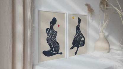 Neutral modern african american art print set of 2 black woman above bed wall art, abstract girl figures minimalist posters