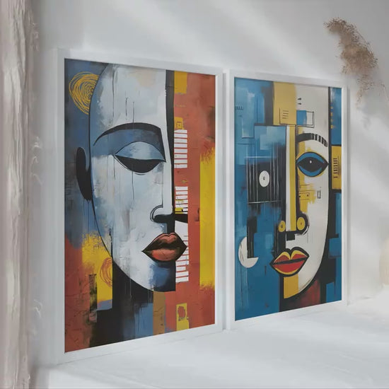 Contemporary african wall art set of 2 prints. Abstract woman, man portrait wall art, colorful above bed art, aesthetic room decor