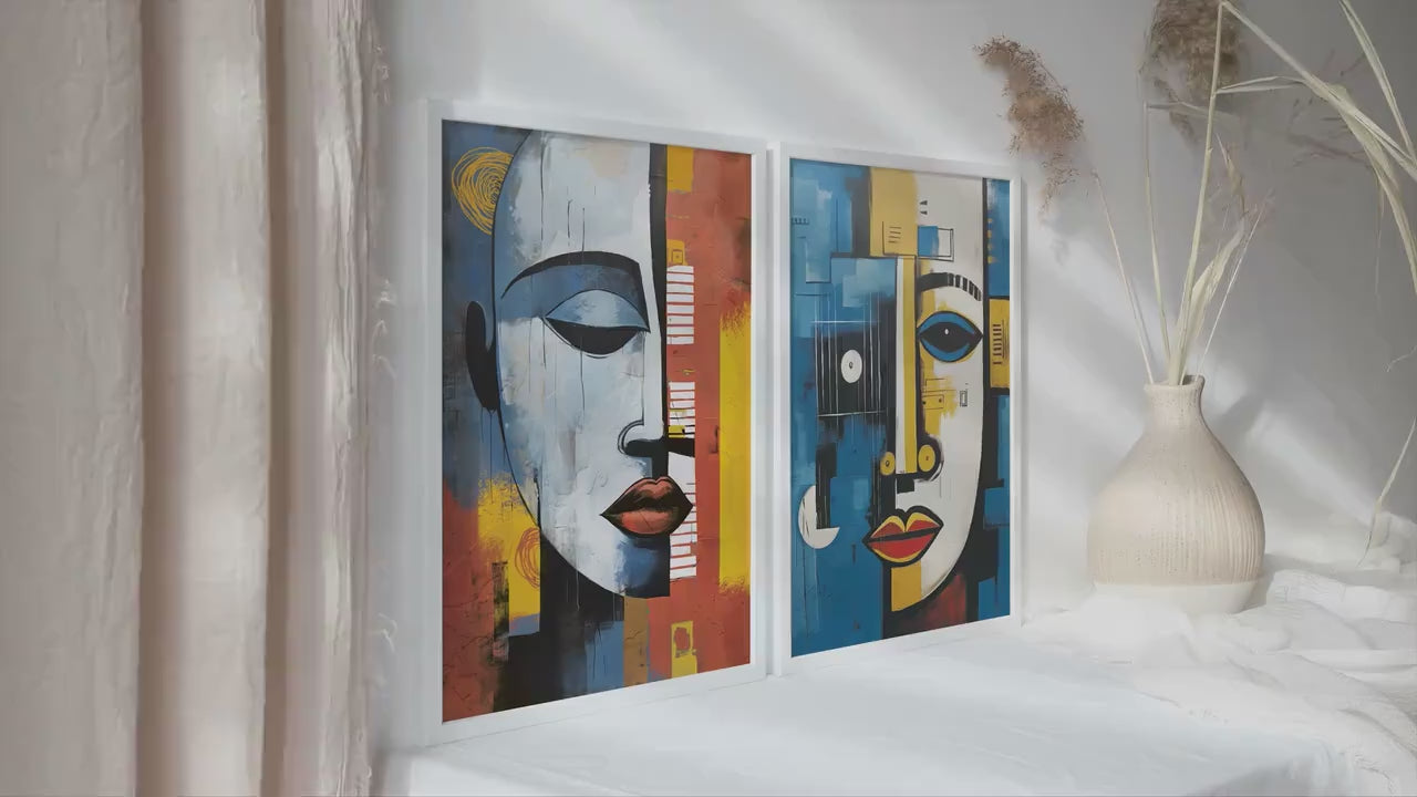 Contemporary african wall art set of 2 prints. Abstract woman, man portrait wall art, colorful above bed art, aesthetic room decor