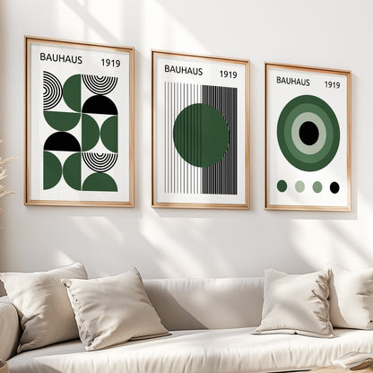 Retro Bauhaus art triptych featuring dark green and black abstract designs for stylish interiors.