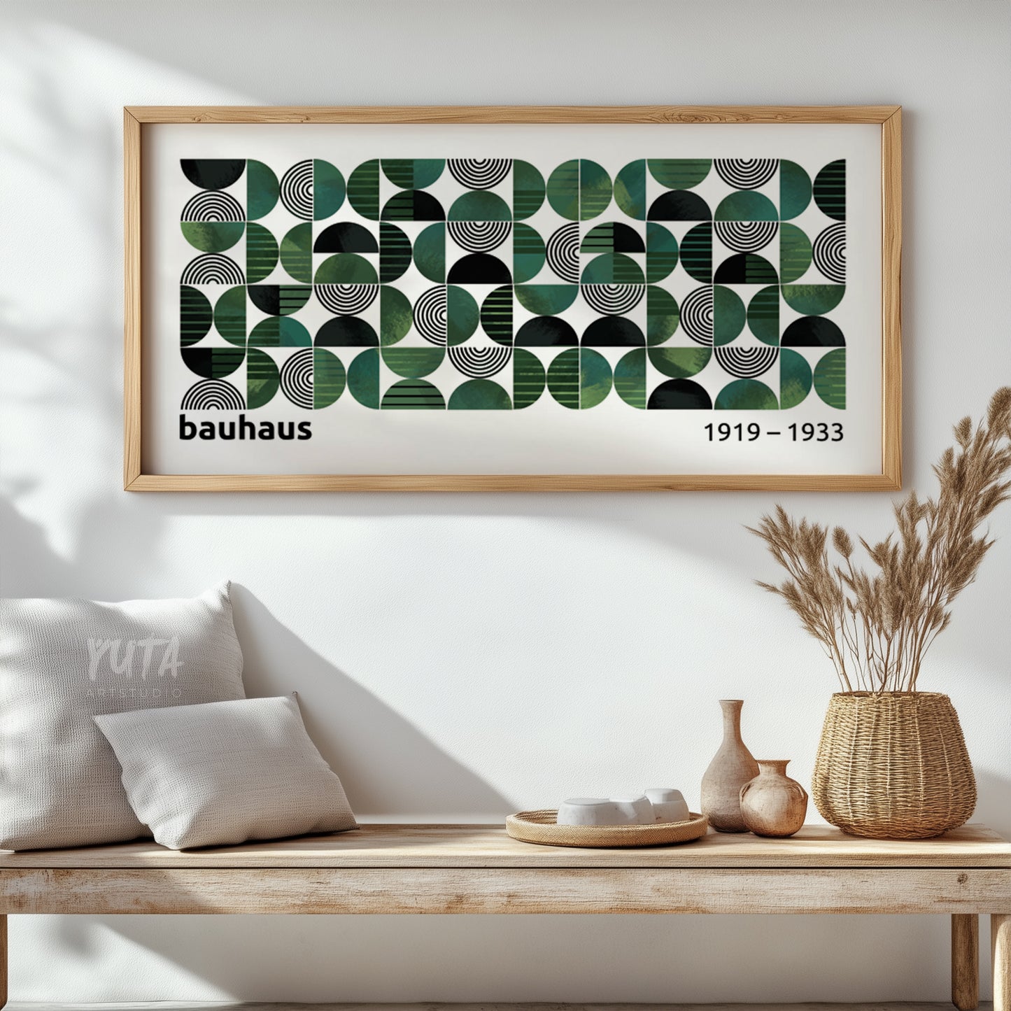 Bold mid-century wall art with green and black abstract elements, physical print without frame