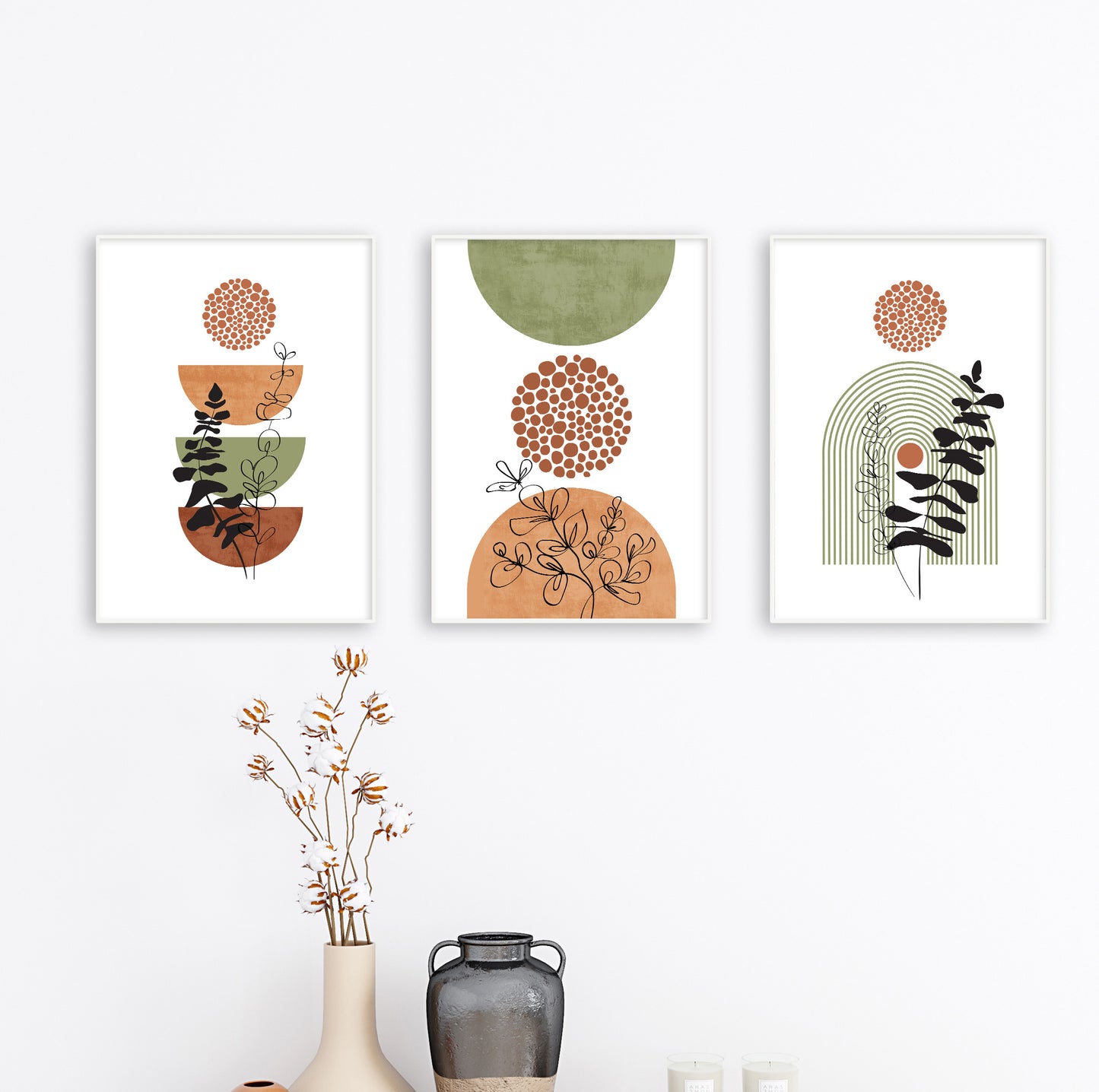 Minimalist arch in green lines with black leaf silhouette and dotted terracotta sun.


