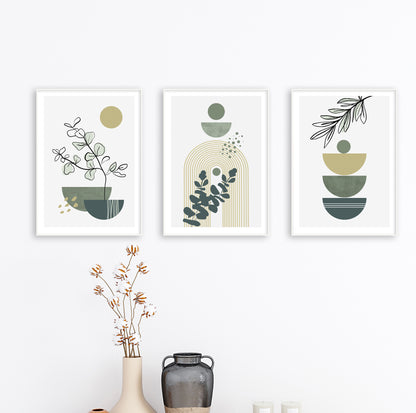 Minimalist plant art featuring layered olive and green shapes with abstract line branches.

