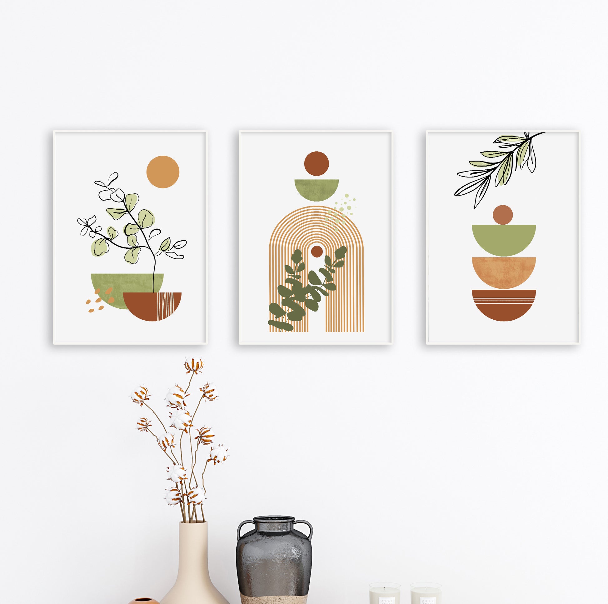 Minimal poster showing stacked shapes and a leafy sprig in warm earthy hues.

