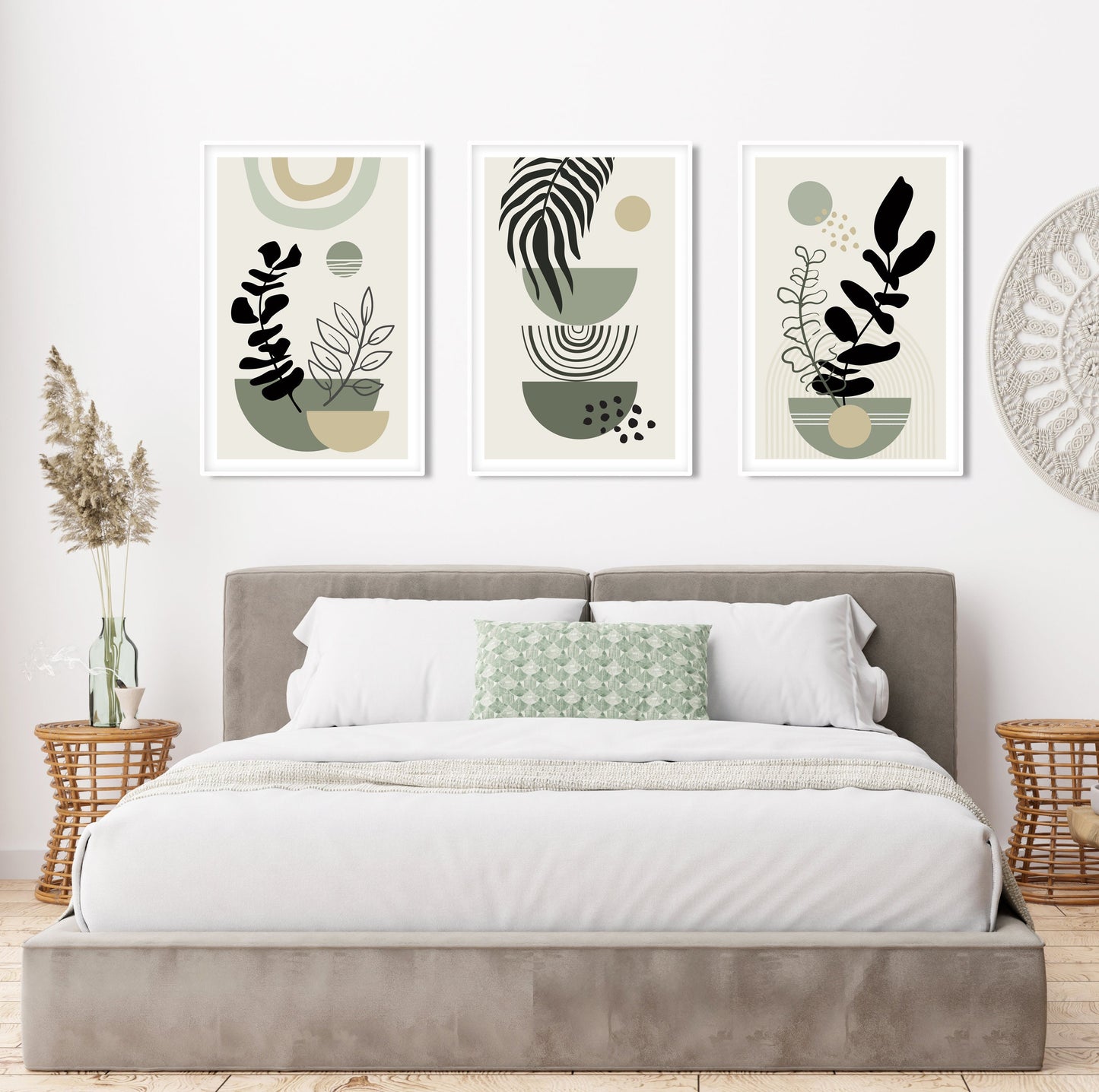 Sage green boho prints set for bedroom gallery wall, modern mid-century design.
