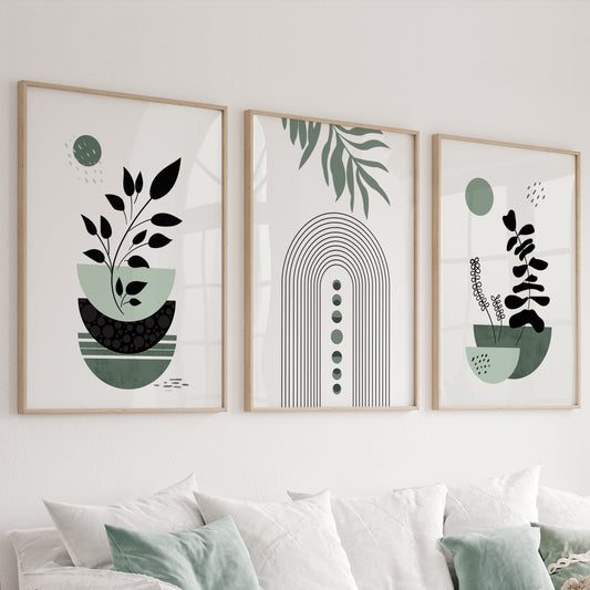 Sage green modern boho print set of 3 for minimalist mid-century bedroom decor.