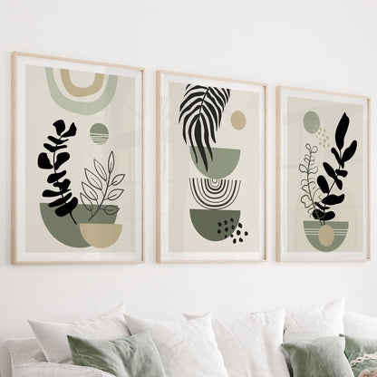 Sage green boho print set of 3 for mid-century modern neutral gallery wall decor.