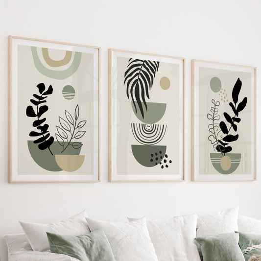 Sage green boho print set of 3 for mid-century modern neutral gallery wall decor.