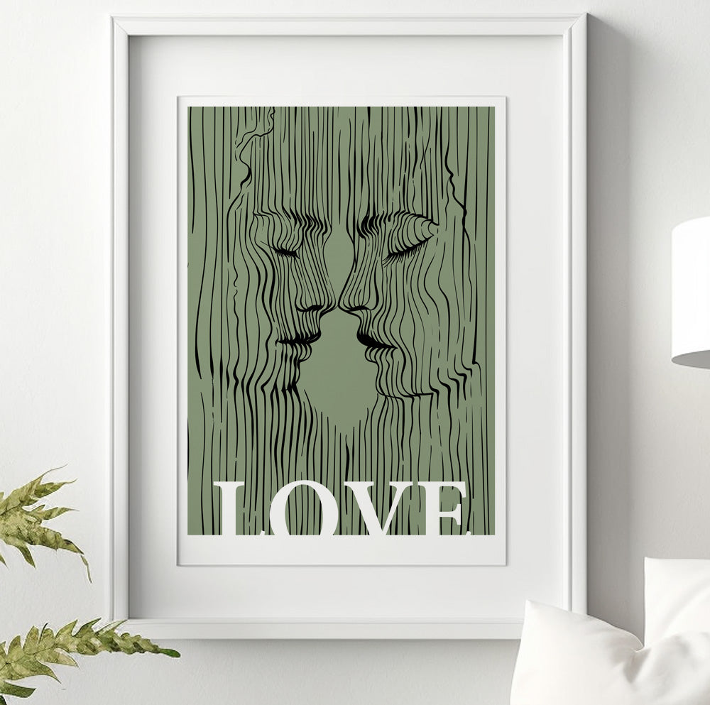 Sage Green Love Couple Print – Minimalist Kissing Lovers Portrait for Eclectic Bedroom Wall Art