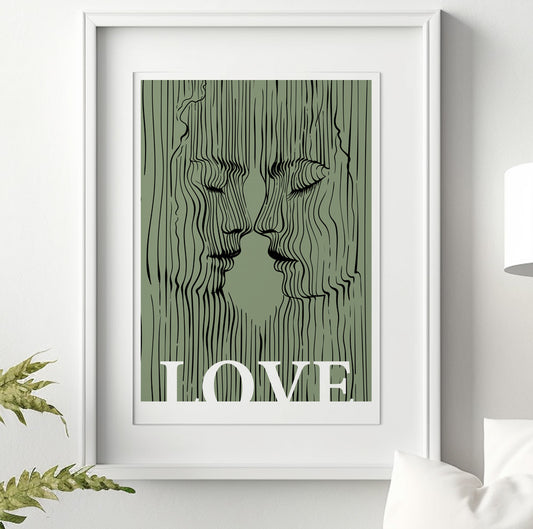 Sage Green Love Couple Print – Minimalist Kissing Lovers Portrait for Eclectic Bedroom Wall Art