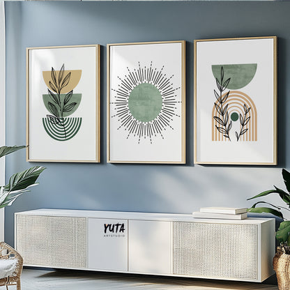 Modern boho home decor prints featuring sunburst, rainbow and minimalist plant motifs