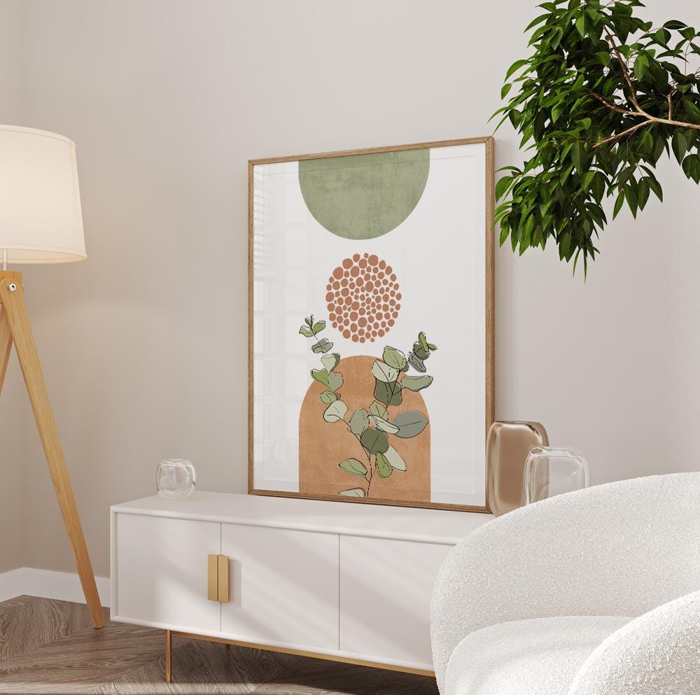 Scandinavian-style botanical wall poster with earthy terracotta and green tones.