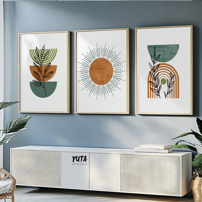 Abstract nature-themed boho posters with retro design influence
