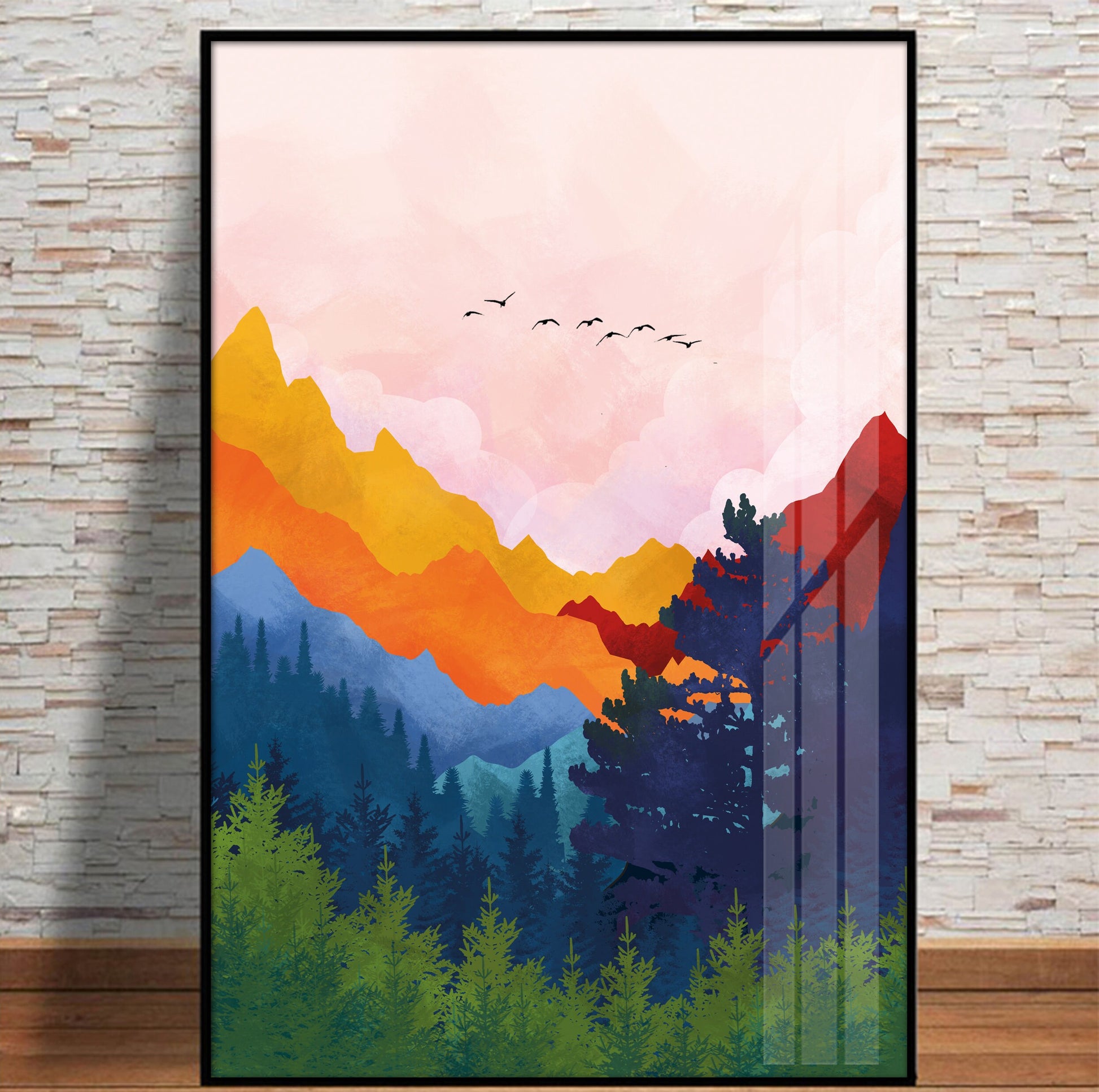 Scandinavian Colorful Bright Abstract Mountains Wall Art, Vibrant Mountains print, Modern Nordic Painting.