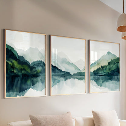 Minimalist mountain wall art with lake and forest scenery, emerald green landscape for modern Nordic decor.