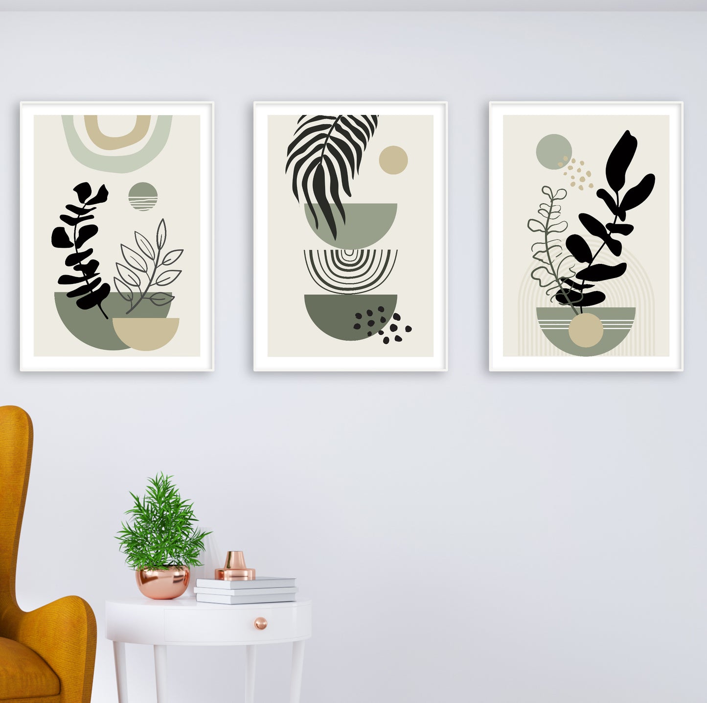 Wall art series in nordic minimalism style with stylized black plants and muted backgrounds.

