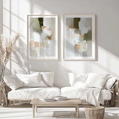 Pastell Olivgrün Beige 2er Set – Minimalistische nordische Pinselstrichkunst