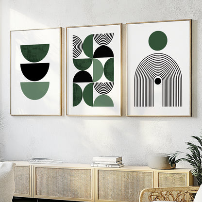 Mid-Century Modern Green Boho Print Set – 3 Abstract Art Prints for Wall Decor