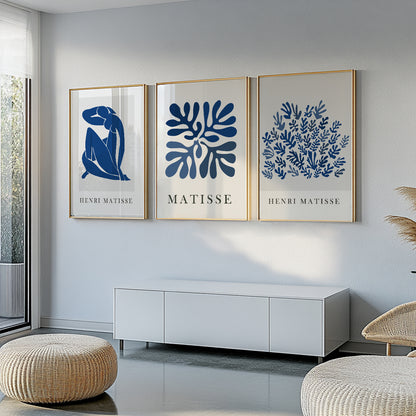 Mid century gallery wall art – navy blue Matisse print set for minimalist and elegant home decor.