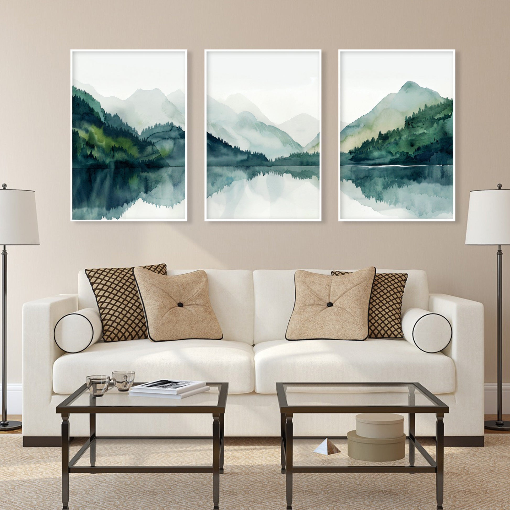 Modern Scandinavian mountain prints with tranquil lake and dense pine forest, set of 3.