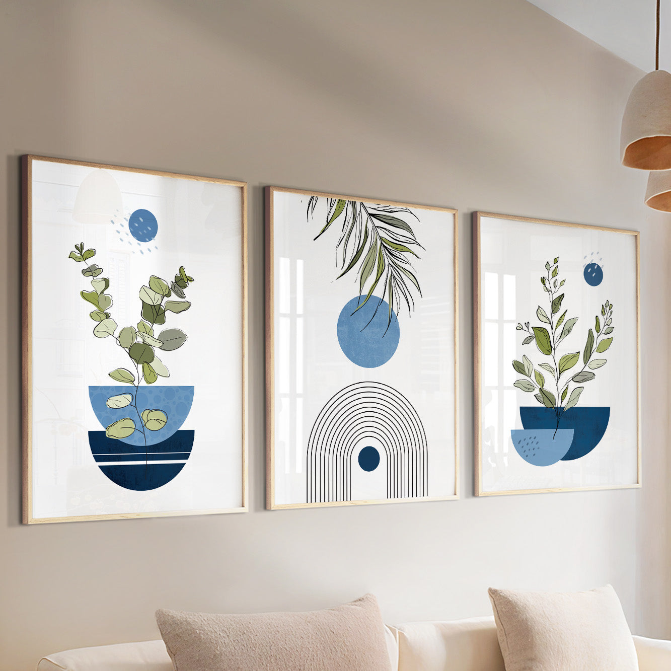 Mid century modern boho triptych – navy blue abstract botanical posters for stylish bedroom decor.