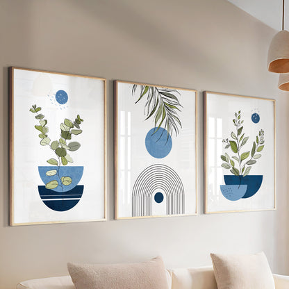 Mid century modern boho triptych – navy blue abstract botanical posters for stylish bedroom decor.