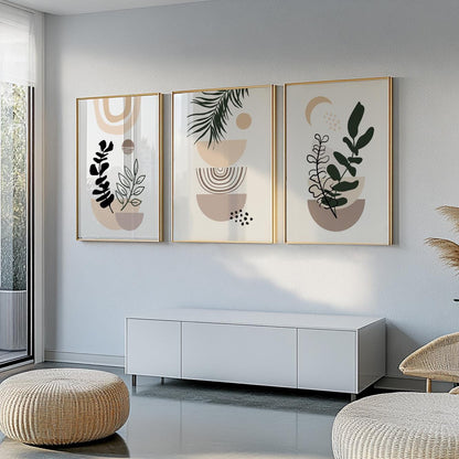 Beige boho wall art triptych – black & neutral modern prints for mid century inspired room decor.