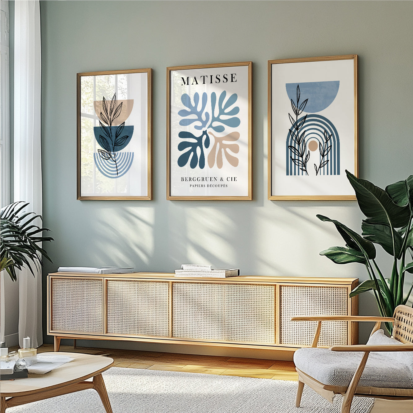 Matisse Set of 3 – Mid Century Modern Neutral Botanical Wall Art, Large Gallery Wall Set for Bedroom or Living Room