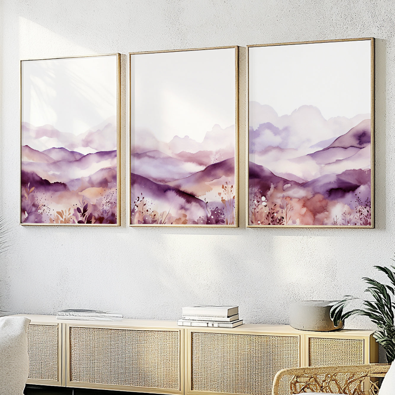 A set of three watercolor mountain prints in soft lilac and purple tones, featuring minimalist abstract landscapes perfect for serene interior decor.