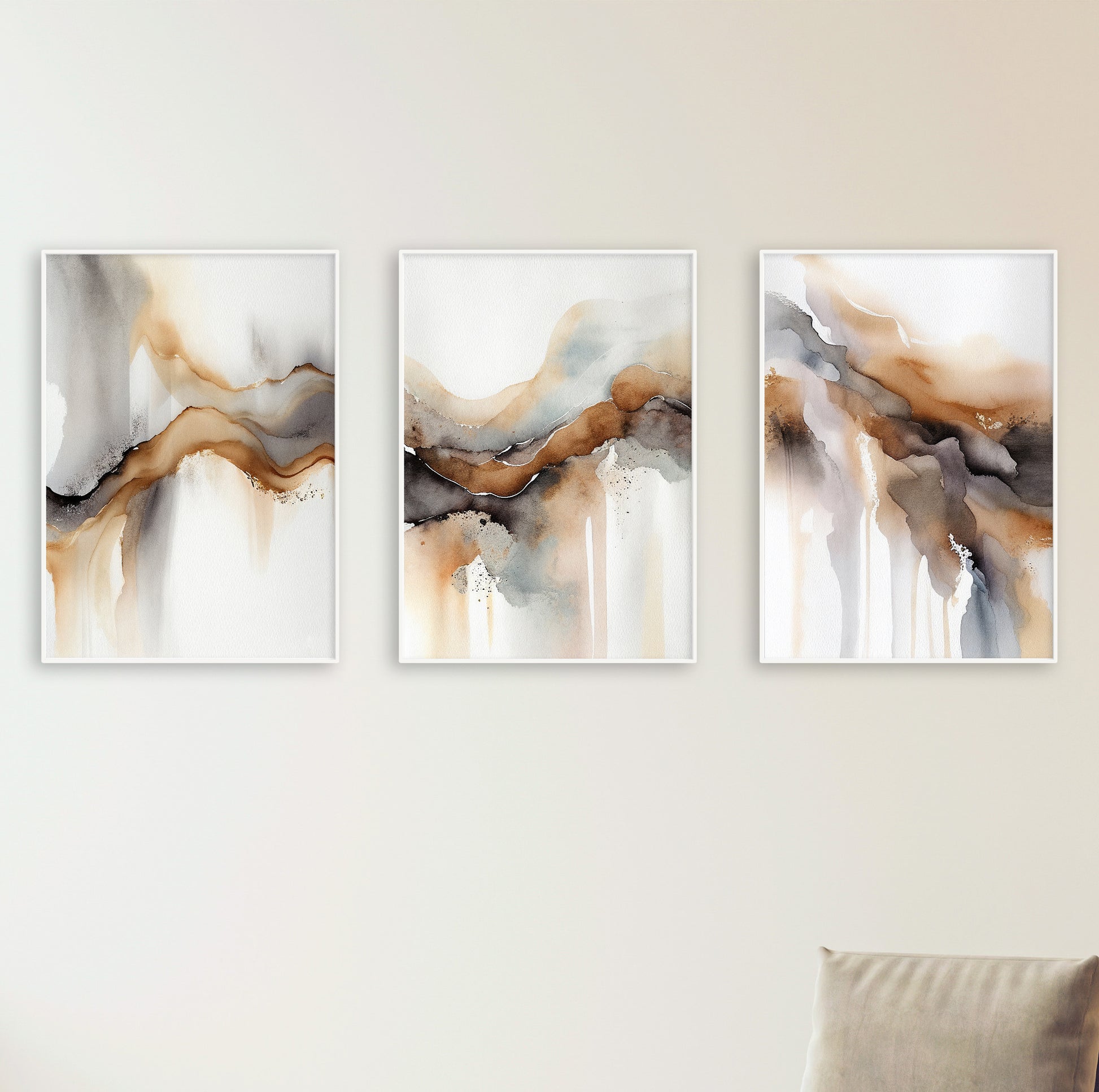 Art print set with blended watercolor shapes in amber, smoke, and beige for stylish interior walls.

