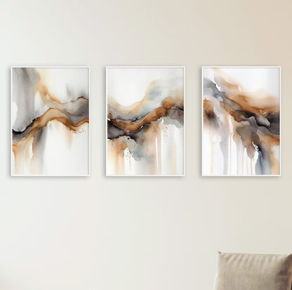 Art print set with blended watercolor shapes in amber, smoke, and beige for stylish interior walls.

