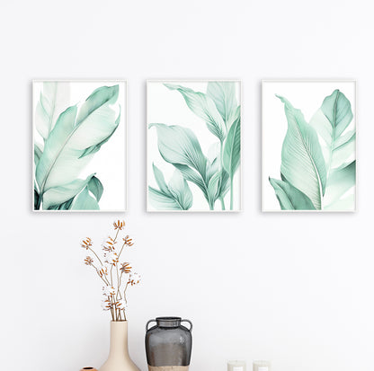 A trio of botanical posters with green leaves displayed in wooden frames, arranged side by side on a white wall.

