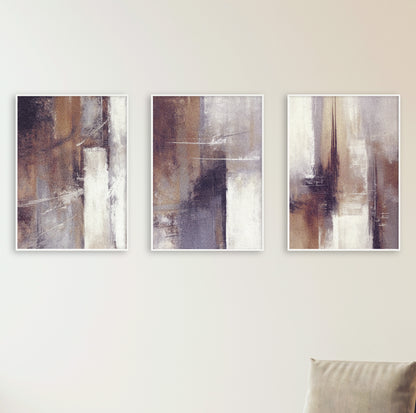Three framed abstract posters displayed on a white wall featuring warm, soft, organic tones.

